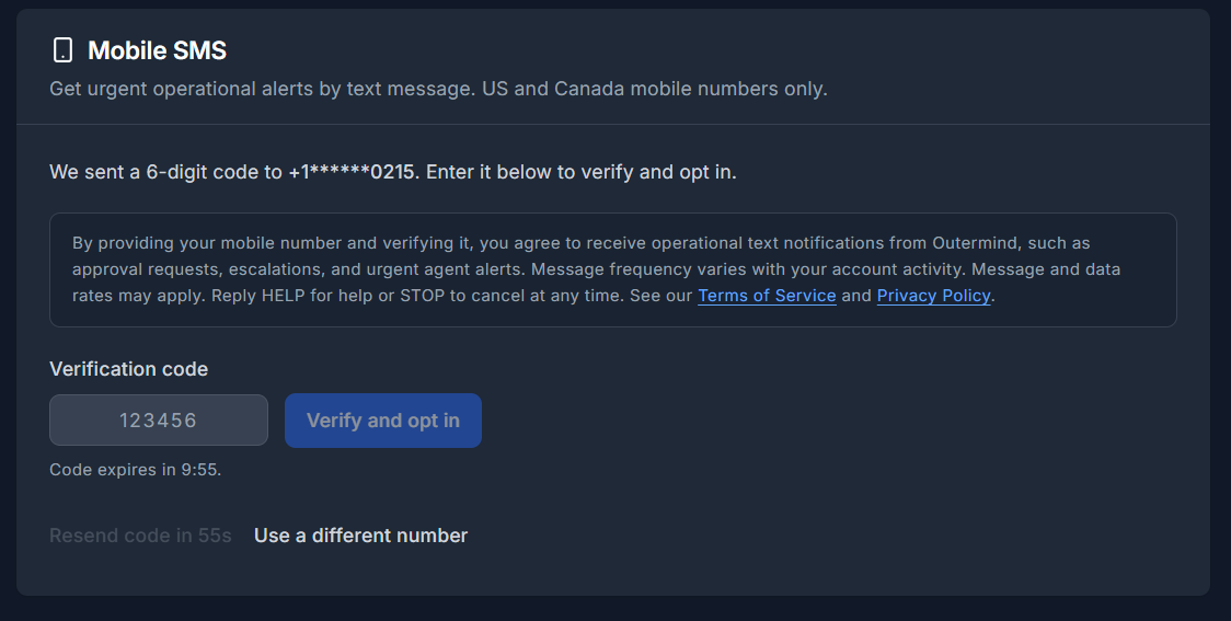 Verification step showing the masked destination number, the full consent disclosure rendered verbatim, the 6-digit code field, the Verify and opt in button, and the code-expiry countdown