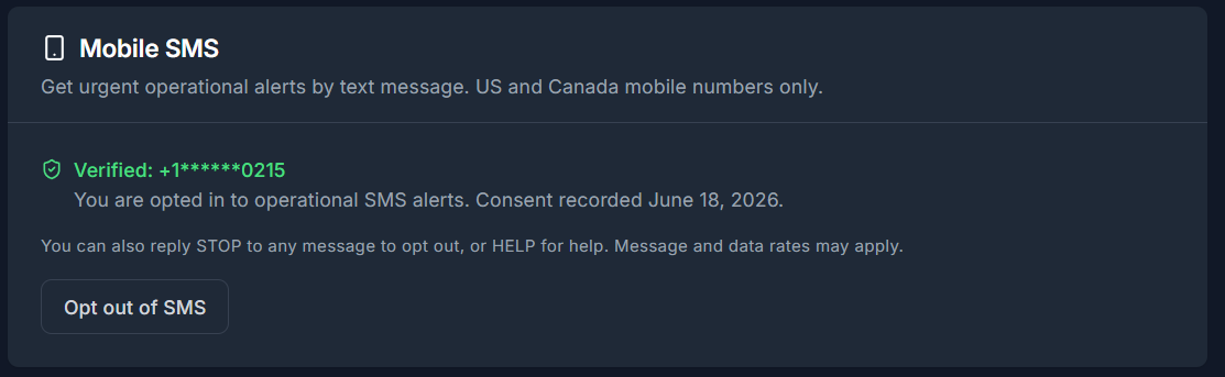 Confirmed opt-in state showing the verified masked number, the date consent was recorded, the STOP and HELP reminder, and the Opt out of SMS button